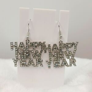 Happy New Year Dangle Rhinestone Earrings Silvertone NWT